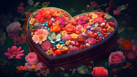 Valentine's Day background with heart shaped box full of colorful candiesの素材