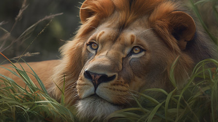 Close-up of a male lion lying in the grass looking at the cameraの素材