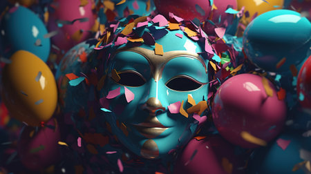 Mardi Gras mask with confetti. 3d illustration.の素材