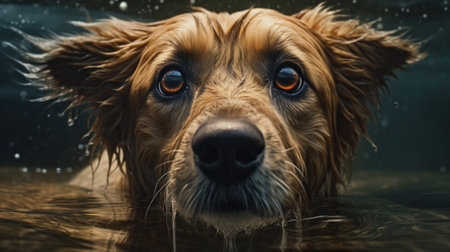 Portrait of a wet golden retriever in the water. Close-up.の素材