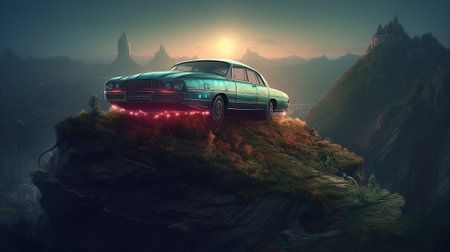 3d rendering of a car in a fantasy landscape with mountains.の素材