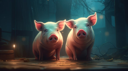 two piggy bank in the dark with a foggy background.の素材