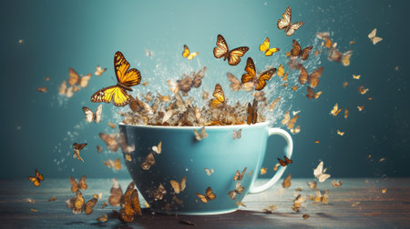 Butterflies fly out of a cup of coffee. Blue background.の素材