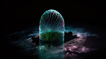 Fingerprint with digital fingerprint on dark background. 3D renderingの素材