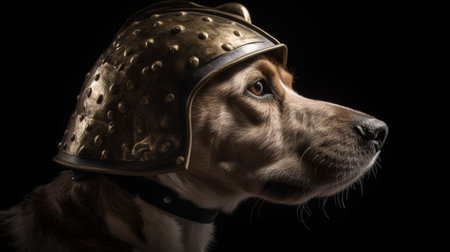 Portrait of a dog in a helmet on a black background.の素材