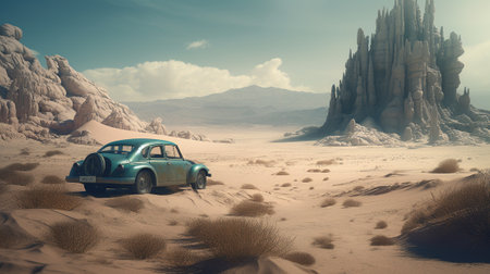 Old car in the desert. 3D illustration. Retro style.の素材