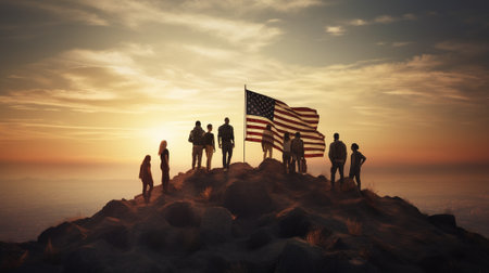Silhouette of a group of people with an American flag on top of a mountain.の素材