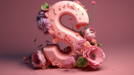 3d rendering of pink letter S with floral decoration on pink backgroundの素材
