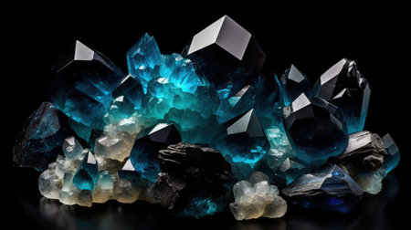 Aquamarine on a black background. Blue and white crystals.の素材