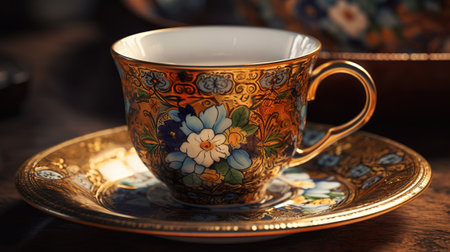 Antique porcelain tea cup with floral pattern on wooden backgroundの素材