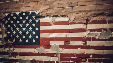 American flag on brick wall background. Vintage tone filter effect color style.の素材