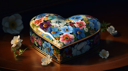 Beautiful heart-shaped box with floral ornament on a dark backgroundの素材