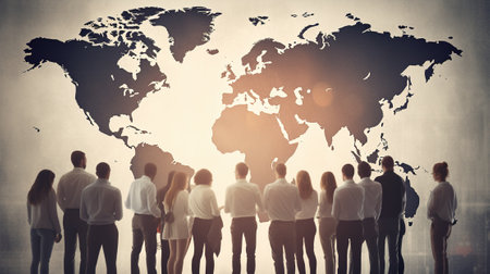 Group of business people standing in front of a wall with a world mapの素材
