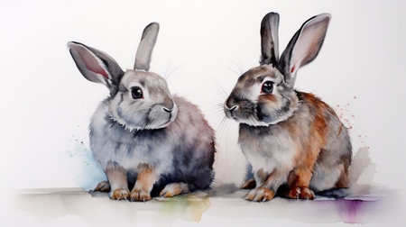 Three rabbits sitting on a white background with watercolor splashes.の素材