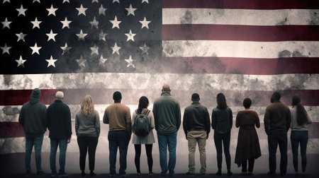 Group of people standing in front of an american flag background.の素材