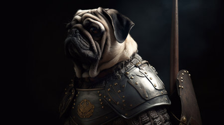 Portrait of a pug in medieval armor on a dark background.の素材