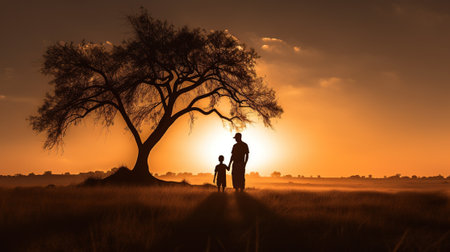 Silhouette of a father and son standing in the field at sunsetの素材