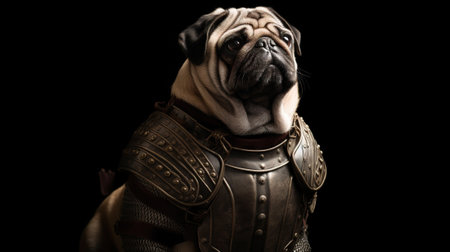 Portrait of a pug in medieval armor on a black background.の素材