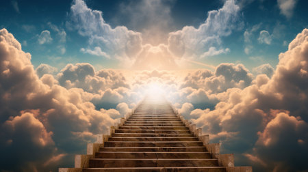 Stairway to heaven with clouds and sun. 3d renderingの素材
