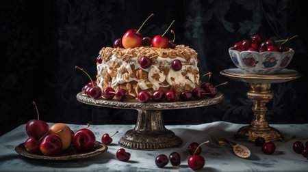 Piece of cake with cherries on a dark background. Selective focusの素材