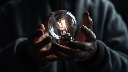 Hands holding a light bulb, concept of new idea and innovationの素材