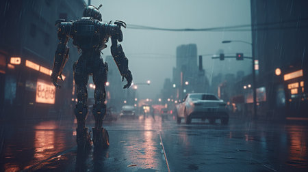 3D rendering of a robot standing in a city street at nightの素材
