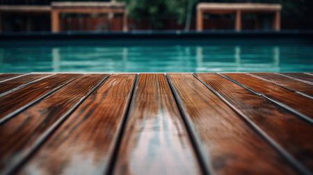 Swimming pool with wooden decking, shallow depth of field.の素材