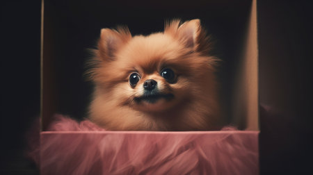 Pomeranian dog in a box on a black background. Close-upの素材