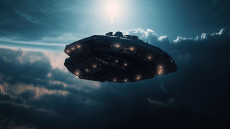 UFO flying in the sky. 3D rendering. Fantasy.の素材