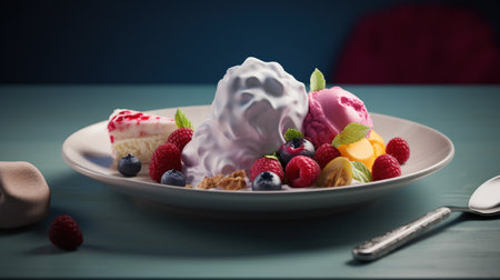 Ice cream with fresh berries on a white plate. Selective focus.の素材