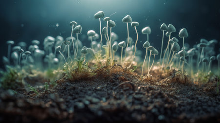 Macro shot of moss growing on the ground. Nature background.の素材