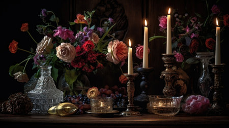 Still life with candles, flowers and candlesticks on wooden backgroundの素材