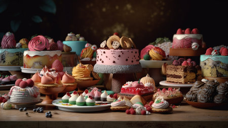 Variety of colorful cakes on wooden table, selective focus, tonedの素材