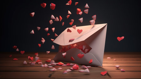 Valentine's day concept with envelope and falling hearts on wooden tableの素材