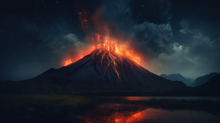 Volcano eruption at night. 3d rendering. Computer digital drawing.の素材