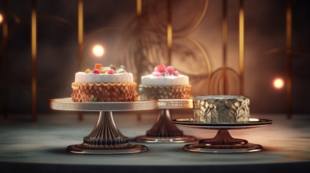 Delicious birthday cakes with candles on wooden table. Selective focusの素材