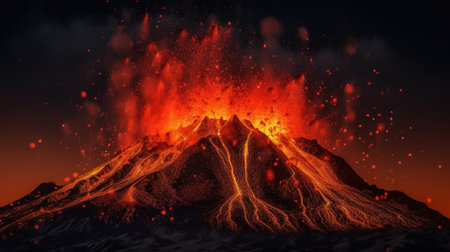 Volcanic eruption with lava and ash. 3D illustration.の素材