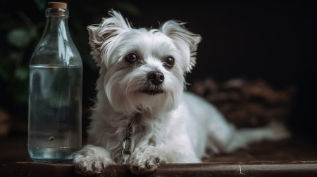 Yorkshire Terrier and bottle of water on a dark background.の素材