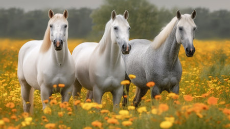 Beautiful white horses in a field with yellow flowers in the fogの素材