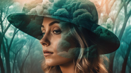 Beautiful girl in a hat with smoke on the forest background.の素材