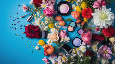 Cosmetics and flowers on blue background. Top view, flat layの素材