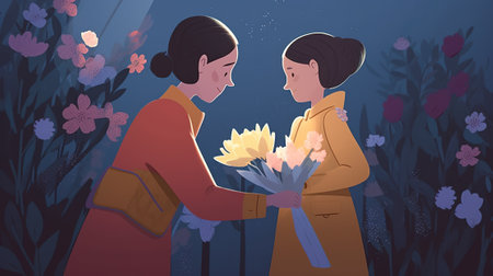 Illustration of a Couple in Love Greeting with Flowersの素材