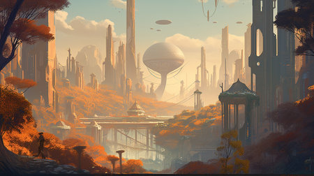 Fantasy landscape with hot air balloon flying over the city. 3D renderingの素材