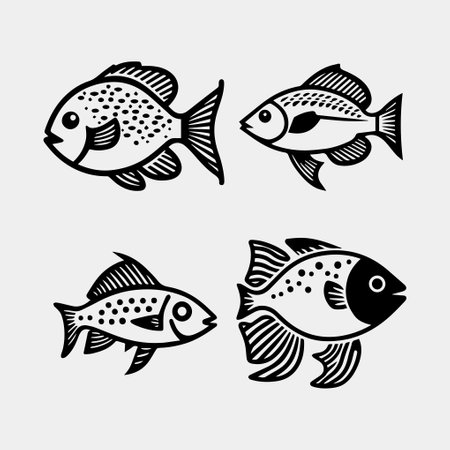Set of fish icons. Black and white fish icons. Vector illustration.のイラスト素材