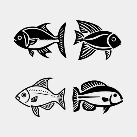 Fish icon set. Black and white vector illustration. Isolated on white background.のイラスト素材