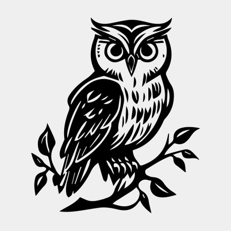 Owl on a branch. Vector illustration in black and white.のイラスト素材