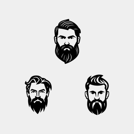 Set of vector bearded men faces hipsters with different haircuts, mustaches, beards. Perfect for Silhouettes, avatars, heads, emblems, icons, labels.のイラスト素材