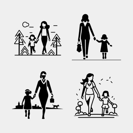 Mother and Daughter walking happily vector isolated on white backgroundのイラスト素材