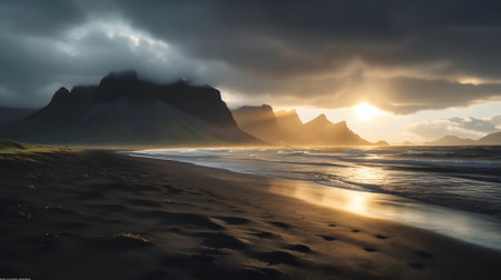 Fantastic panoramic seascape of Iceland. Dramatic overcast sky.の素材
