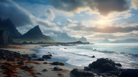 Beautiful seascape with mountains and clouds. 3d renderingの素材